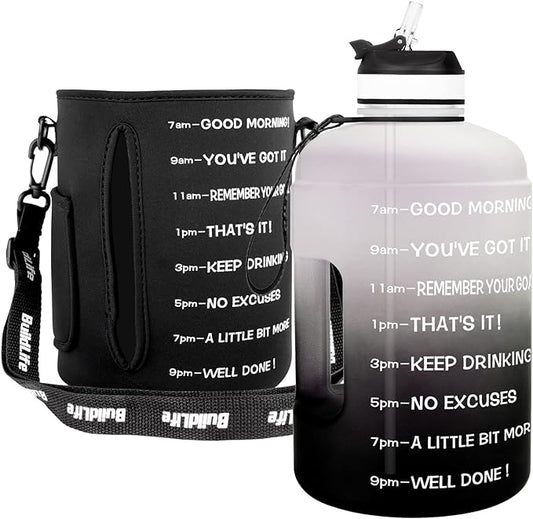 QuiFit Motivational Gallon Water Bottle - with Straw & Time Marker BPA Free Large Reusable Sport Water Jug with Handle for Fitness Outdoor Enthusiasts Leak-Proof