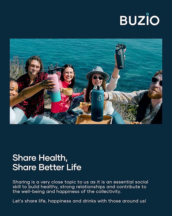 BUZIO Water Bottle with Straw lid, Spout Lid, Hand Lid and Carrying Pouch, 32oz 40oz 64oz Stainless Steel Water Flask Jug, Cold for 48 Hrs Hot for 24 Hrs Double Vacuum Thermo Canteen Mug, BPA-Free