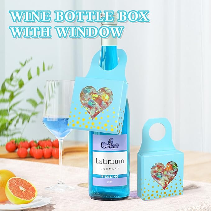 ISKYBOB 25 Pieces Wine Bottle Box with Window, Kraft Paper Wine Boxes for Gifts Hanging Wine Bottle Gift Box Foldable Wine Bottle Hanger Favor Box for Holding Candy Truffles Chocolate Cookies (Blue)