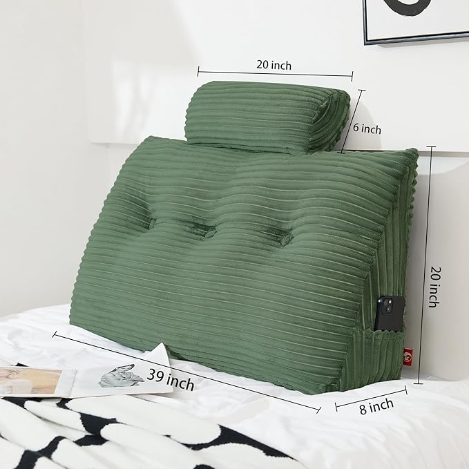 Headboard Wedge Pillow with 2 Pack Neck Roll Pillow Large Headboard Pillow Soft and Supportive with Removable Cover (sage Green, Twin: 39x8x20 Inches)