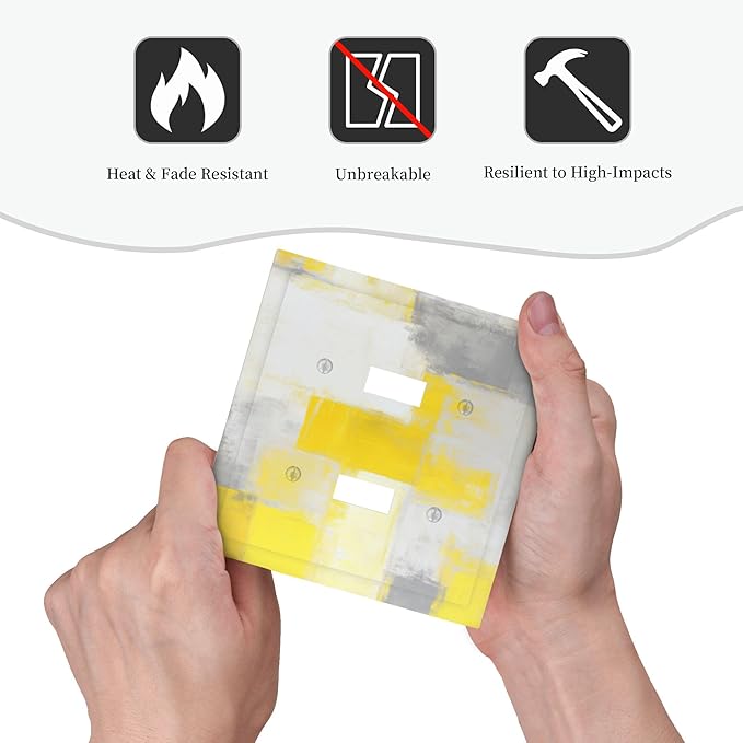 Grey and Yellow Abstract Art Painting Double Toggle Light Switch Covers 2 Gang Wall Plate Dual Decorative Switchplate Electrical Faceplate for Bathroom Country Kitchen Bedroom Decor, 4.9" x 5"