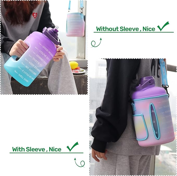 QuiFit 1 Gallon Water Bottle - with Straw & Motivational Time Marker Leak-Proof BPA Free Reusable Gym Sports Outdoor Large(128OZ) Capacity Water Jug(Purple/Blue with Sleeve,1 Gallon)