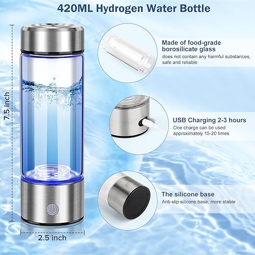 Hydrogen Water Bottle Generator,3 Minute Rapid Electrolysis, 420ml Portable Hydrogen Water Generator for Office, Daily Use,Healthy Alkaline Hydrogen Ions Water Maker Pitcher