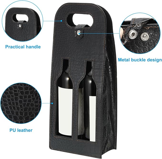 PATIKIL 2 Bottle Wine Gift Bag, 2 Pack Wine Bag Reusable Leather Wine Tote Carrier for Wine Bottles Portable Champagne Gift Bags for Picnic Party Wedding, Black-2