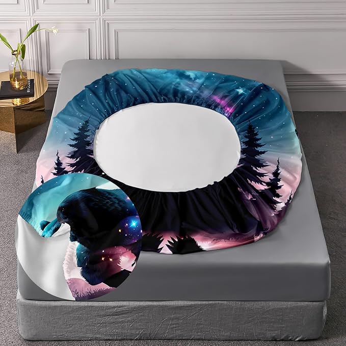 AILONEN Bear Fitted Sheet Set Twin Size, Evening Starry Sky Forest Bear Bed Sheet Set Decor,Animal Bear Wildlife Fitted Sheet and 2 Pillowcases,3 Pieces