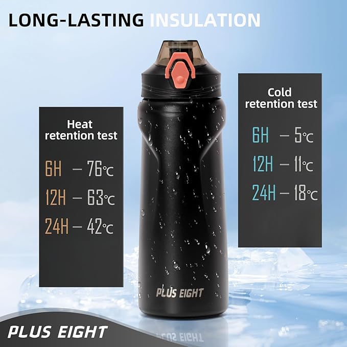 Sports Water Bottle, 25 oz Insulated Water Bottle With Straw, Stainless Steel Water Bottle Wide Mouth for Sports, Gym or Office, BPA-Free Keep Cold 24H Hot 12H (Black)