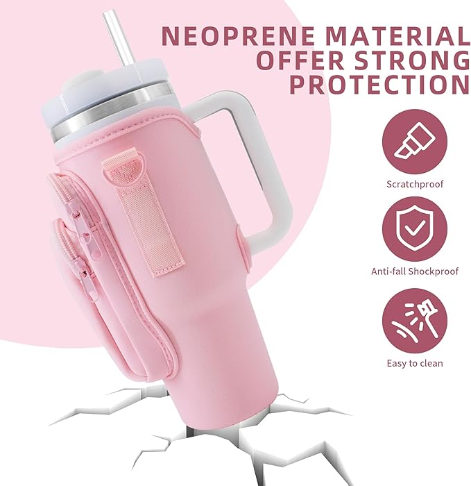 Water Bottle Carrier Bag for Stanley Cup Accessories, for Stanley Tumbler 40 Oz with Handle Holder Bag with Strap Neoprene Bollus with Straw, Straw Cover, Carabiner (Off White)