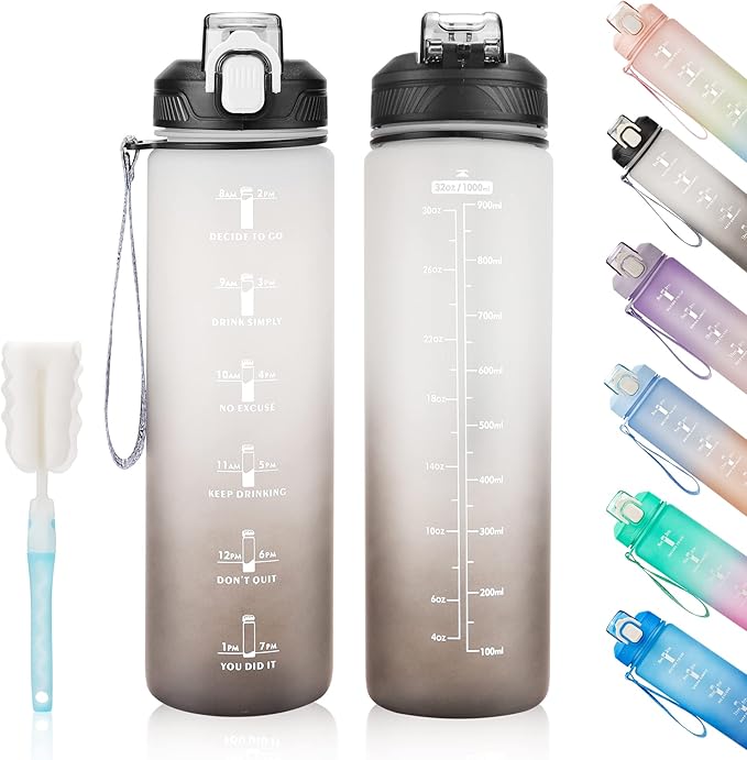Motivational Water Bottle with Time Marker- 32oz Water Bottles with Times to Drink, Leakproof & BPA Free Sports Water Bottle with Straw & Carry Strap for Fitness, Gym, and Outdoor Sports