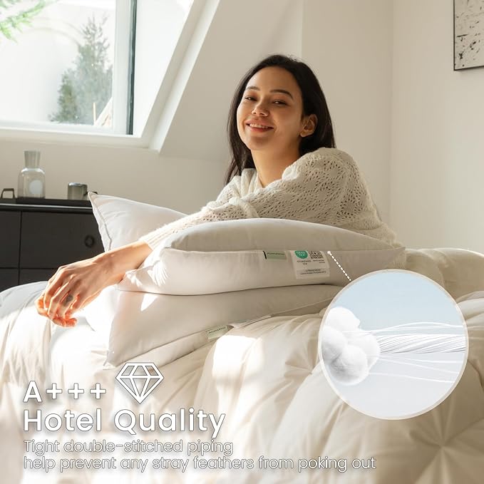 Alanzimo Goose Feather Down Pillows Extra Large Queen Size Set of 2, Luxury Soft Pillow for Sleeping, 600TC 100% Cotton Cover Hotel Collection Bed Pillows for Back, Stomach or Side Sleepers 20x30