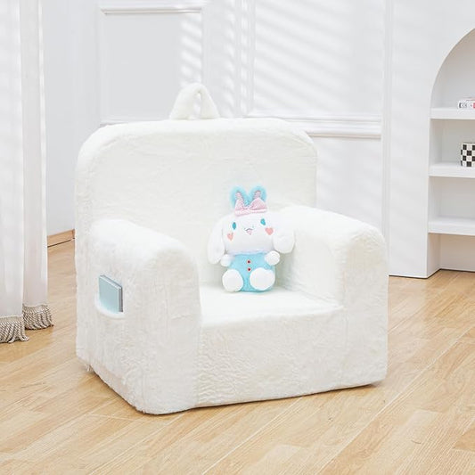 Snuggly-Soft Cuddly Toddler Plush Armchair for Boys and Girls Fuzzy Plush Kids Sofa Couch Reading Chair with Children Friendly Handle for Easy Movement & Double Pockets for Good Storage, Cream