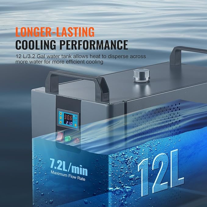 VEVOR Industrial Water Chiller, KH-6000, 200W Industrial Water Cooler Cooling System with Compressor 12 L Water Tank Capacity 7.8 L/min Max Flow Rate, for CO2 Laser Engraving Machine Cooling Machine