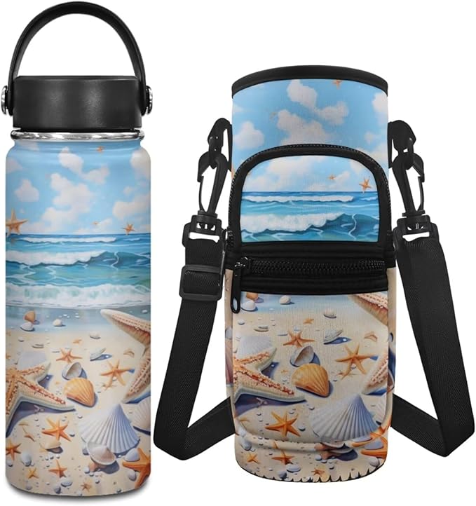 Starfish 20 OZ Water Bottle for Kids 8-10/10-12 Vacuum Bottle 2 Pcs Water Bottle Holder Carrier Sling Water Bottle Pouch Sleeve with Strap