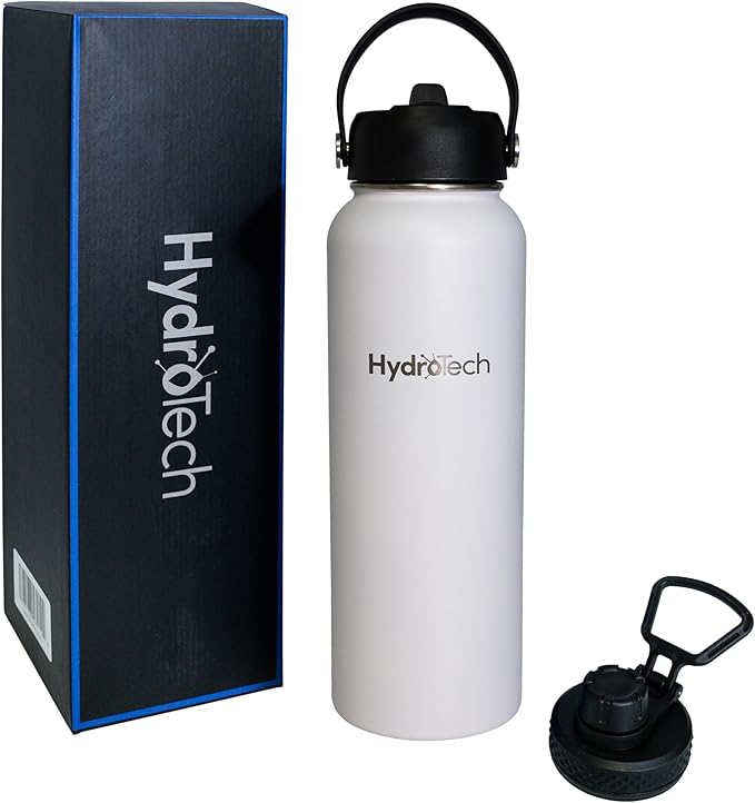 HydroTech Stainless Steel Leak Proof Water Bottle with Double Wall Insulation and 2 Lids (Straw Lid) - 40 OZ. (White)