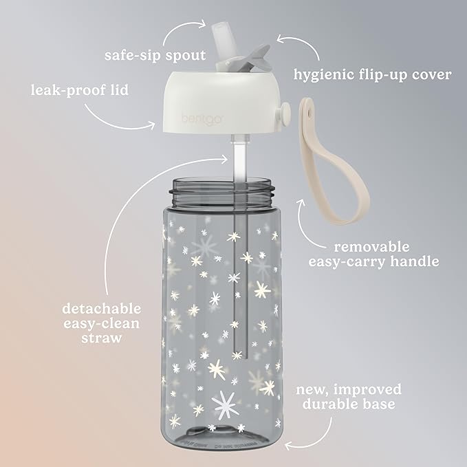 Bentgo Kids Water Bottle (Whimsy & Wonder Collection) - Leak-Proof Durable Tritan 15 oz. Cup for Kids/Toddlers 3+; Flip-Up Safe-Sip Straw for School, Sports, Daycare, Camp & More (Starry Sprinkle)