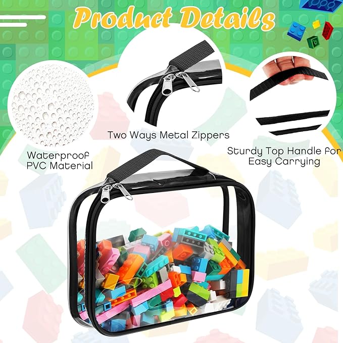Sanwuta 3 Packs Toy Storage Bags with Zipper, Clear PVC Organizing Bags, Waterproof Toy Bags for Board Games, Building Blocks, Toys and Kids Books (Black,12.6 x 9 x 2.36 Inch)
