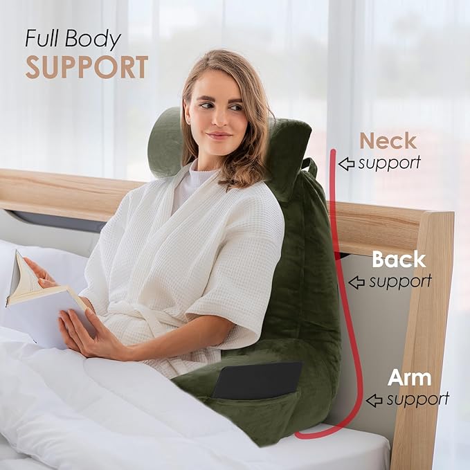 Nestl Reading Pillow Large Bed Pillow, Back Pillow for Sitting in Bed Shredded Memory Foam Chair Pillow, Reading & Bed Rest Pillows Olive Green Back Pillow for Bed, Bed Chair Arm Pillow with Pockets