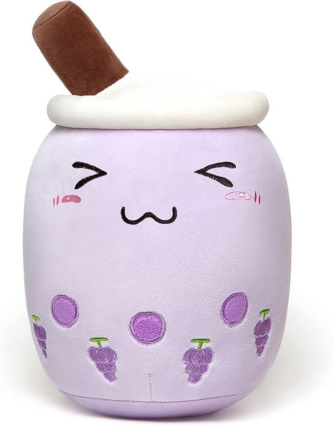 Niuniu Daddy Boba Plushies 13.7inch Purple Bubble Tea Stuffed Animals for Kids Kawaii Grape Fruit Cuddle Pillow for Toddler Huggling Pillow for Boys Gilrs
