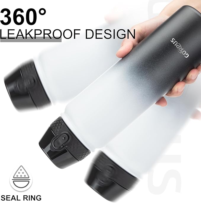 GOPPUS 32 oz Sports Water Bottle 1 Liter Double Wall Insulated Stainless Steel Water Bottles with Straw Lid Reusable Leak proof Metal water bottles with Strap Handle(White Black 1 lid)