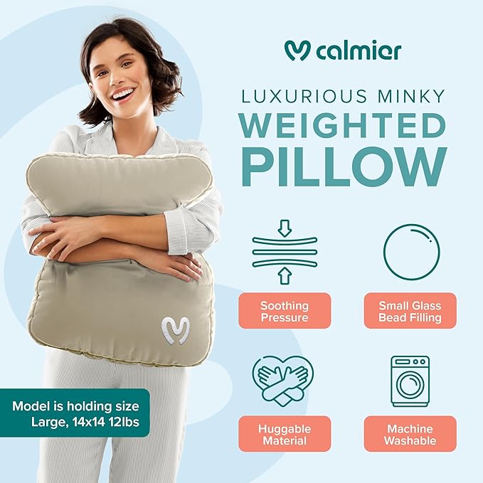 Calmier - 12 lb Sensory Weighted Pillow - Glass Bead Filled Hug Pillow - Ultra Plush Cozy Weighted Pillows for Adults and Kids - Child Sensory Pillow - Weighted Lap Pad (Tan - Minky, 12 LBS)