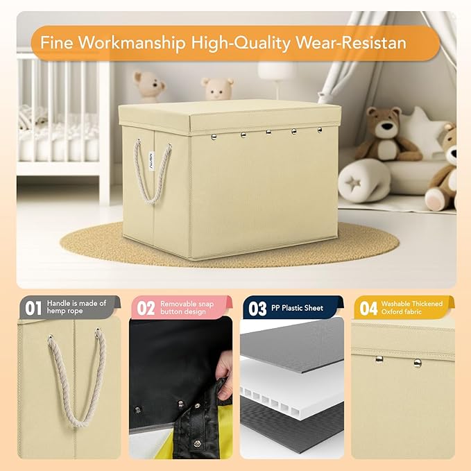 Toy Storage Box + Play Mat for Kids Toy Chest Organizer Kids Toy Storage Organizer Foldable Big Storage Bins with Lids Large Toy Box for Boys Girls Toy Holders for Kids Rooms Nursery (Beige)