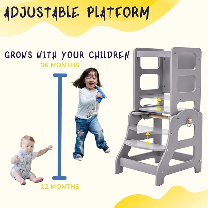 3 in 1 Toddler Tower, Children Step Stool Standing Tower for Kitchen with Adjustable Platform, Non-Slip Strips, Safety Rail (Gray)