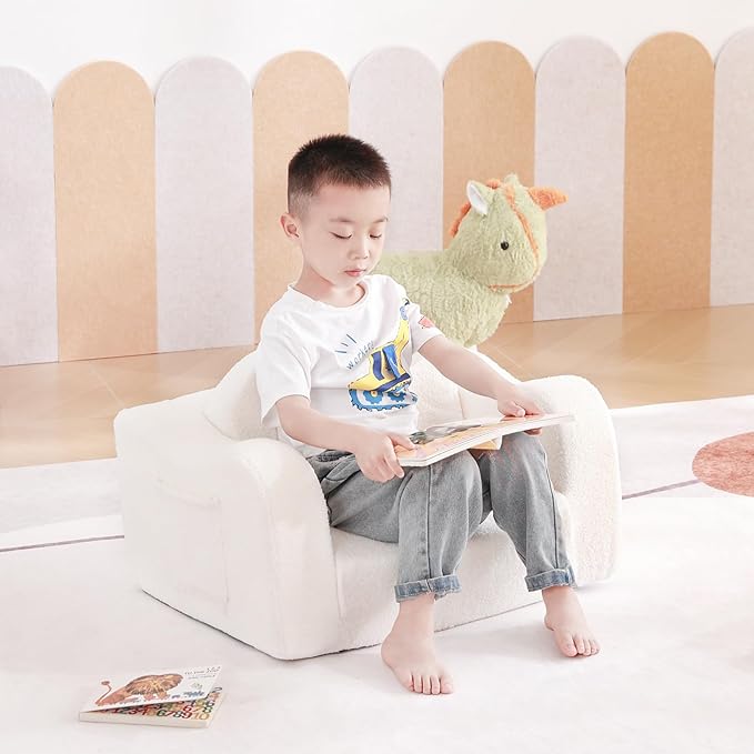 Tiita Kids Chairs for Toddler, 2-in-1 Toddler Soft Sherpa Couch Fold Out, Convertible Sofa to Lounger for Girls and Boys, Beige