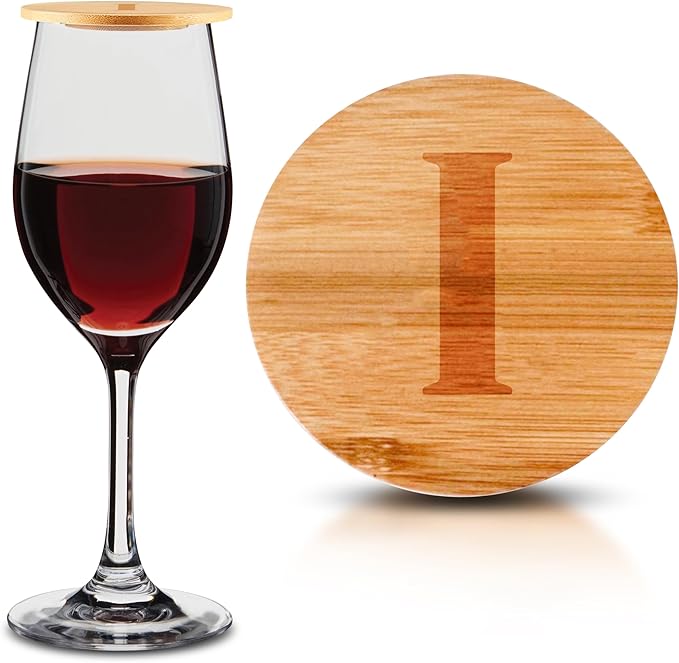 Personalized Wine Glass Charcuterie Topper - Custom Laser Engraved Initial Bamboo Wine Glass Topper Stopper Coasters Plate ID Identification Wine Glass Charcuterie Board Topper (Letter I)