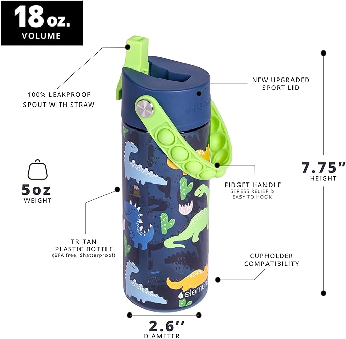 Elemental Leak Proof Water Bottles for Kids - Splash Kids Water Bottle for School with Fun Fidget Pop-it Handle - Tritan Plastic Water Bottle with Straw - Dinosaur & Green - 18oz (2 Pack)