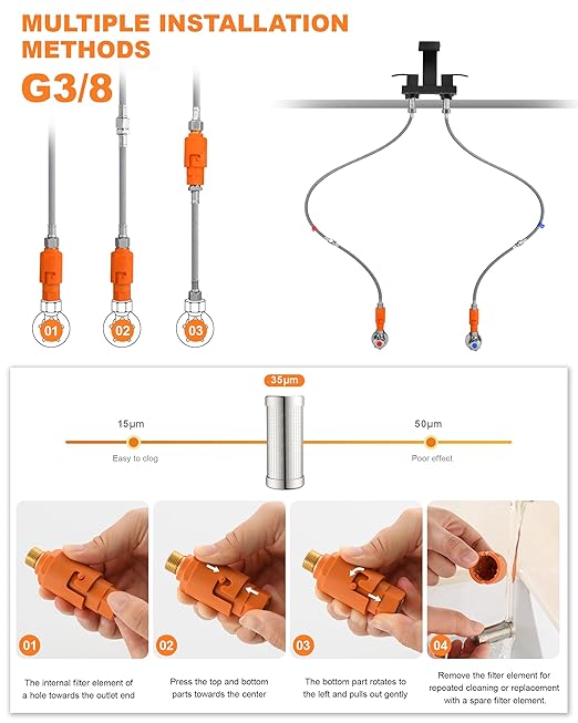 G3/8 (9/16") Sediment Water Filter with 12" Hoses - 35 Micron Reusable House Under Sink Inline Water Filter Conncet Angle Valve, Compression Fitting for Sink Faucet Bathroom Kitchen (2 Pack)