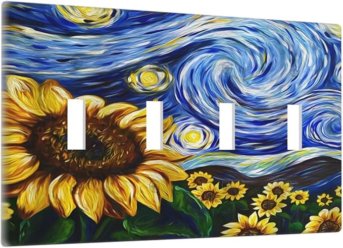 Vintage Abstract Blue Starry Sunflower Quad Toggle Light Switch Covers 4 Gang Wall Plate Decorative Switchplate Electrical Faceplate for Farmhouse Country Bedroom Decor