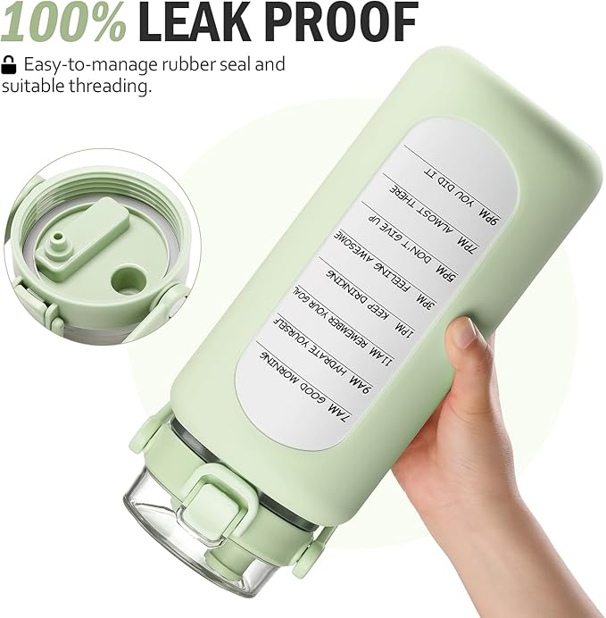 BLUEGO 64oz Insulated Water Bottle with Straw and Handle Leakproof Half Gallon Wide Mouth Motivational Water Bottle, 2-IN-1 Straw Spout Lid Stainless Steel Water Jug for Sport Travel Gym-Light Green