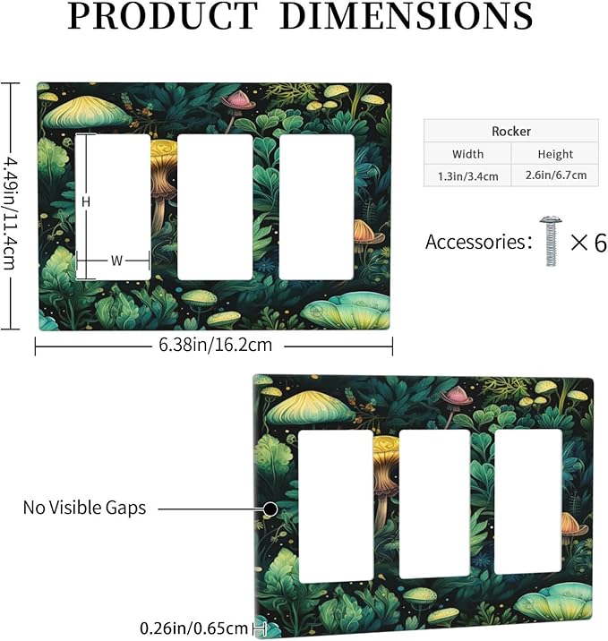 Green Dark Forest Mystical Mushroom 3 Gang Rocker Light Switch Covers Triple Outlet Wall Plate Decorative Switchplate Cover Faceplate GFCI for Country Bathroom Bedroom Kitchen Decor