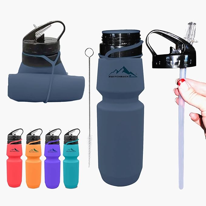Collapsible Water Bottle (25Oz) - BPA Free Silicone Space Saving Collapse Water Bottle W/ Removable Straw | Temperature Resistant Collapsible Water Bottles For Travel And Rugged Outdoor Activities