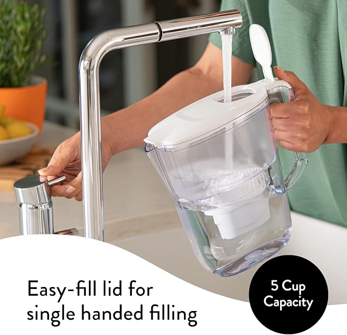 Aqua Optima 5-Cup Water Filter Pitcher Bundle Pack for Tap and Drinking Water with 6 Evolve+ Filter, Reduces Microplastics, Improves Taste, BPA Free, WQA Certified, Daisy Design (White)
