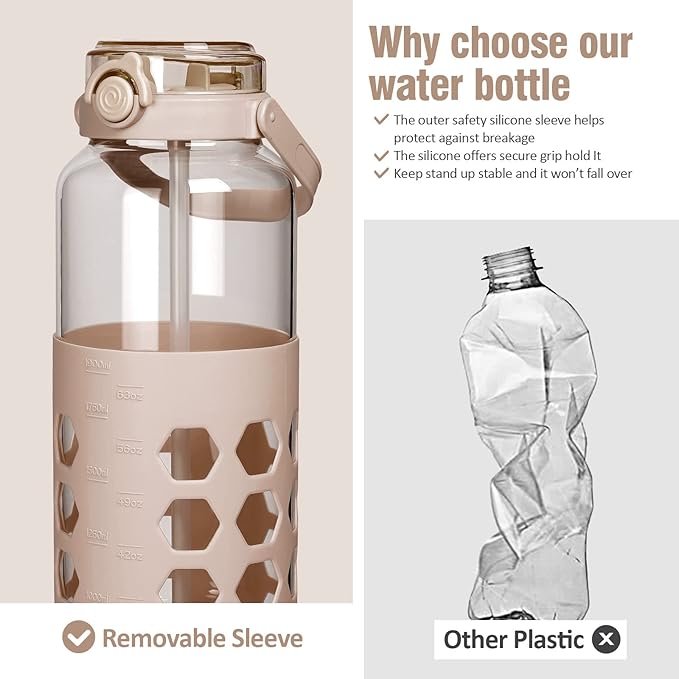 MUKOKO Half Gallon/64 oz Glass Water Bottles with Straw and Lid,Motivational Water Jug with Time Marker Reminder and Silicone Sleeve,100% Leakproof BPA Free Fitness Sports Large Bottle-Amber
