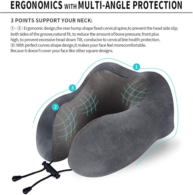 Travel Pillow, Best Memory Foam Neck Pillow Head Support Soft Pillow for Sleeping Rest, Airplane Car & Home Use (Grey)
