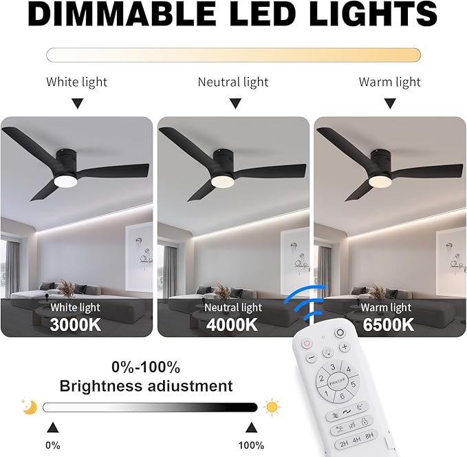 Black Flush Mount Ceiling Fan 52 inch,with Remote,22W Dimmable LED Light,DC Motor,6 Speed,Reversible,Low Profile Ceiling Fan Outdoor Indoor with Memory Function for Bedroom/Patios/Kitchen