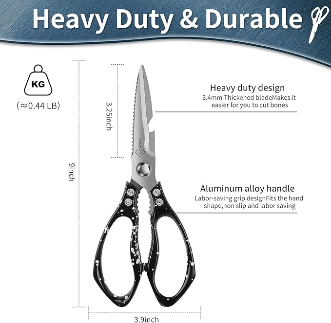 Kitchen Shears for Food Heavy-Duty: Multipurpose Kitchen Shears for Cutting Chicken, Bone, Meat, Food, (9'' Black)