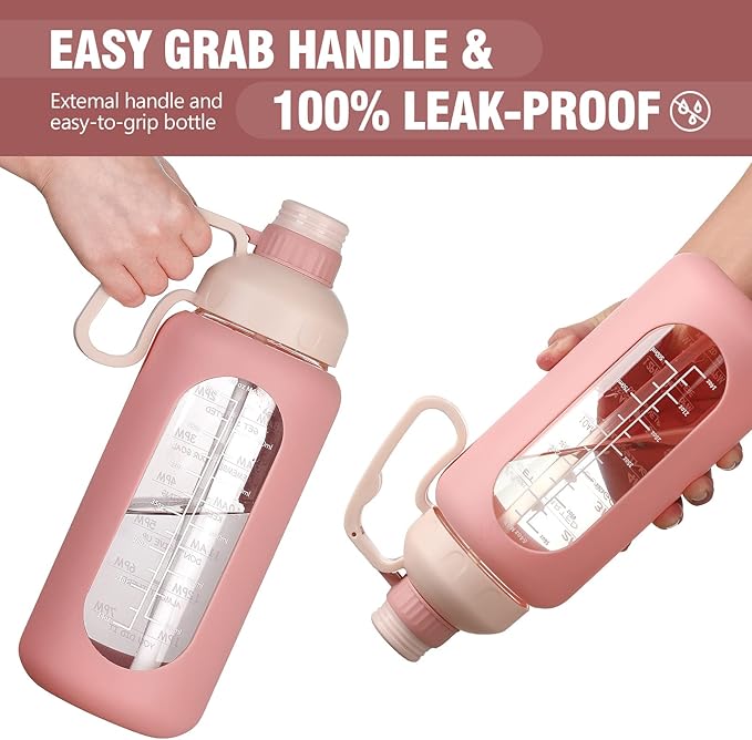MUKOKO 64oz Glass Water Bottles with Straw, Half Gallon Water Bottle with Time Marker, Motivational Water Bottle with Silicone Sleeves,Large Glass Water Bottle for Gym,Working,Outdoor,Pink