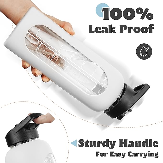 SIEROZUR 32 oz Glass Water Bottle with Straw and Handle Large Sports Motivational Water Bottle with Time Marker and 2 Lids, Leakproof Reusable Water Jug with Silicone Sleeve for Gym