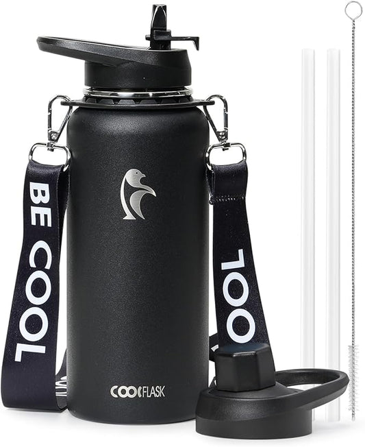Coolflask 32 oz Water Bottle with Strap, Insulated Metal Water Flask with Straw & Spout Lids, Stainless Steel Double Wall Vacuum, Keep Cold 48h Hot 24h, Leak Proof & Non-BPA, Magic Black