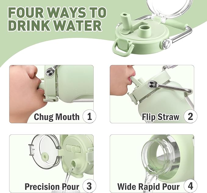 84oz Glass Water Bottle with Stainless Steel Handle,2.5L Gallon Water Bottle With 2-IN-1 Straw Lid, Silicone Sleeve and Motivational Capacity Marker, Wide Mouth Water Jug For Gym, Workout, Green