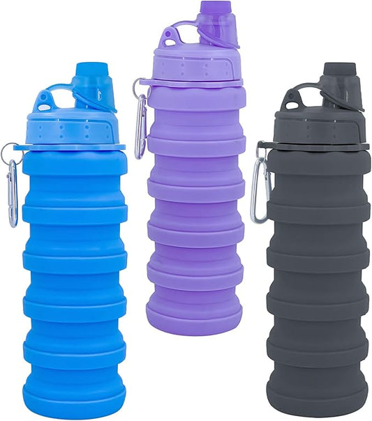 Collapsible Water Bottles Three Pack Travel Sports Portable Sport Water Bottle comes with mountaineering Buckle 500ml silicone Water-proof camping water bottle (Blue+Grey+Purple Color)