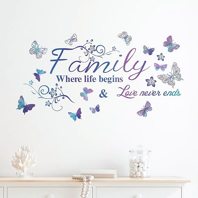 Family Wall Sticker, Inspirational Wall Decor Home Wall Decoration Warm Quotes Stickers Waterproof Removable Butterfly Sticker Letter Word Decal for Bedroom Dining Room Kitchen Wall Art Decor(Purple)