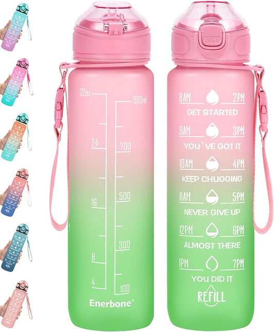 Enerbone 32 oz Drinking Water Bottle with Times to Drink and Straw, Motivational with Carrying Strap, Leakproof BPA & Toxic Free, Ensure You Drink Enough Water for Fitness Gym Outdoor