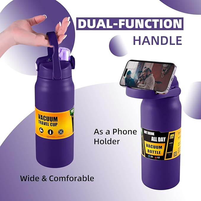 ColorSub 50oz Insulated Water Bottle With 2-in-1 Straw and Chug Leakproof Lid, BPA Free Stainless Steel Wide Mouth Sports Water Cup Flask Purple