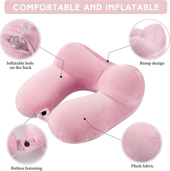 Sintuff 2 Pack Inflatable Travel Pillow for Airplanes Inflatable Neck Pillows with Compact Bag and Blindfold Soft Flight Pillow for Traveling, Airplane, Train, Car, Office(Dark Gray and Light Pink)