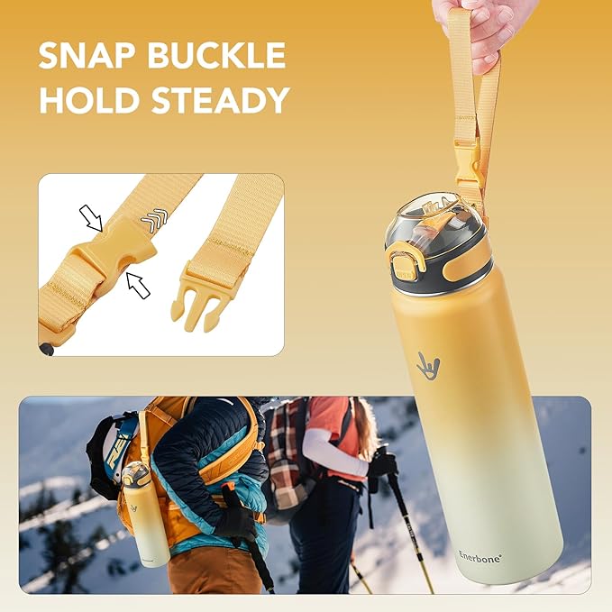 Enerbone Insulated Water Bottle, 32 oz Stainless Steel Water Bottles with Carrying Strap, Double-Wall Vacuum Insulation Thermos, Leakproof Sports Bottle with Straw, Keep Drinks Hot or Cold for Hours