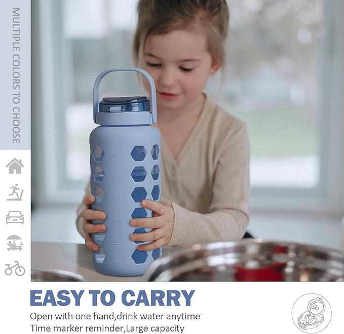 MUKOKO Half Gallon/64 oz Glass Water Bottles with Straw and Lid,Motivational Water Jug with Time Marker Reminder and Silicone Sleeve,100% Leakproof BPA Free Fitness Sports Large Bottle-Light Blue
