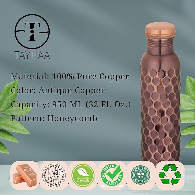 Pure Copper Water Bottle - 32 oz - Indian Handmade Ayurveda Healing Benefit Drinking Water Bottle for Travel, Hiking, Gym, Office, Outdoor - Antique Finish